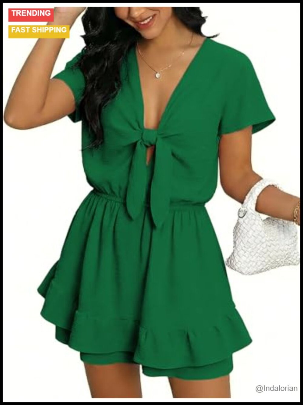 Women's V-Neck Tie Romper with Pockets, Short Sleeve Ruffle Hem Jumpsuit